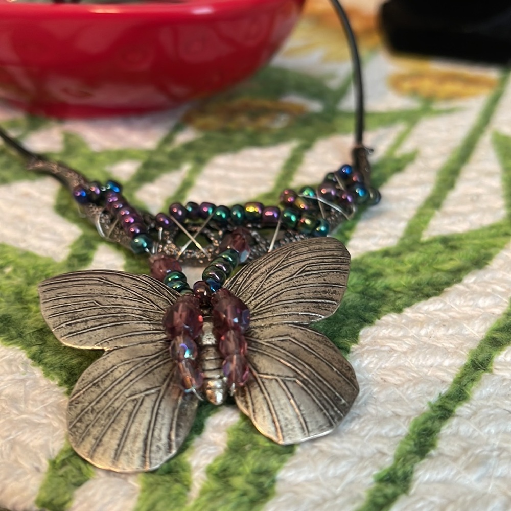 Handcrafted Oil Slick & Aurora Borealis Purple Accent Silver Butterfly Necklace - Picture 8 of 11